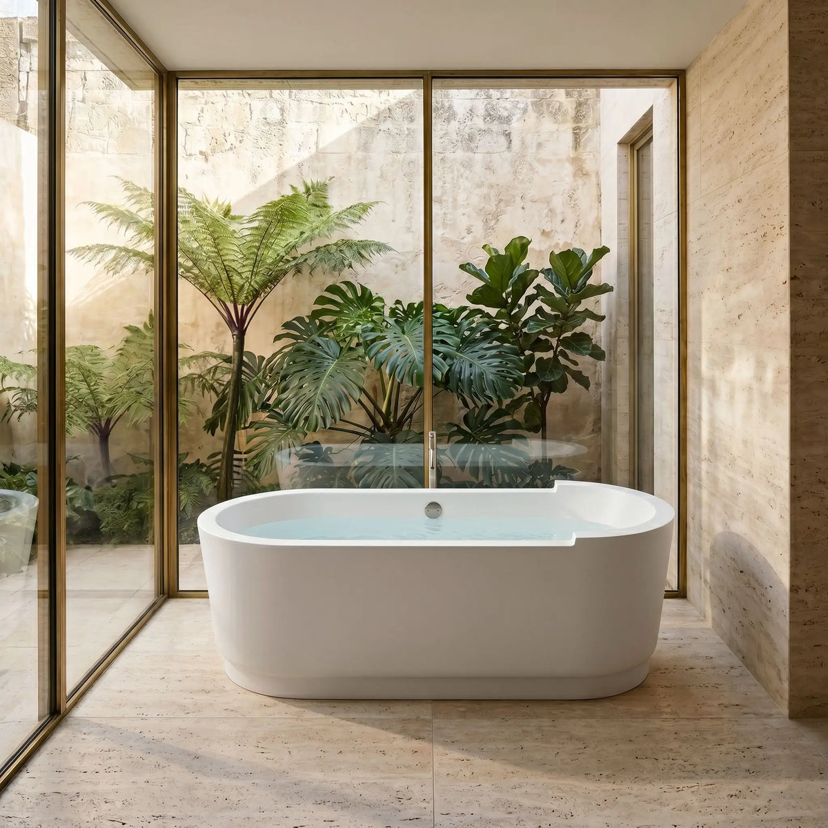 Tina de baño blanca minimalista en baño interior lujoso minimalista con microcemento, travertino y plantas decorativas