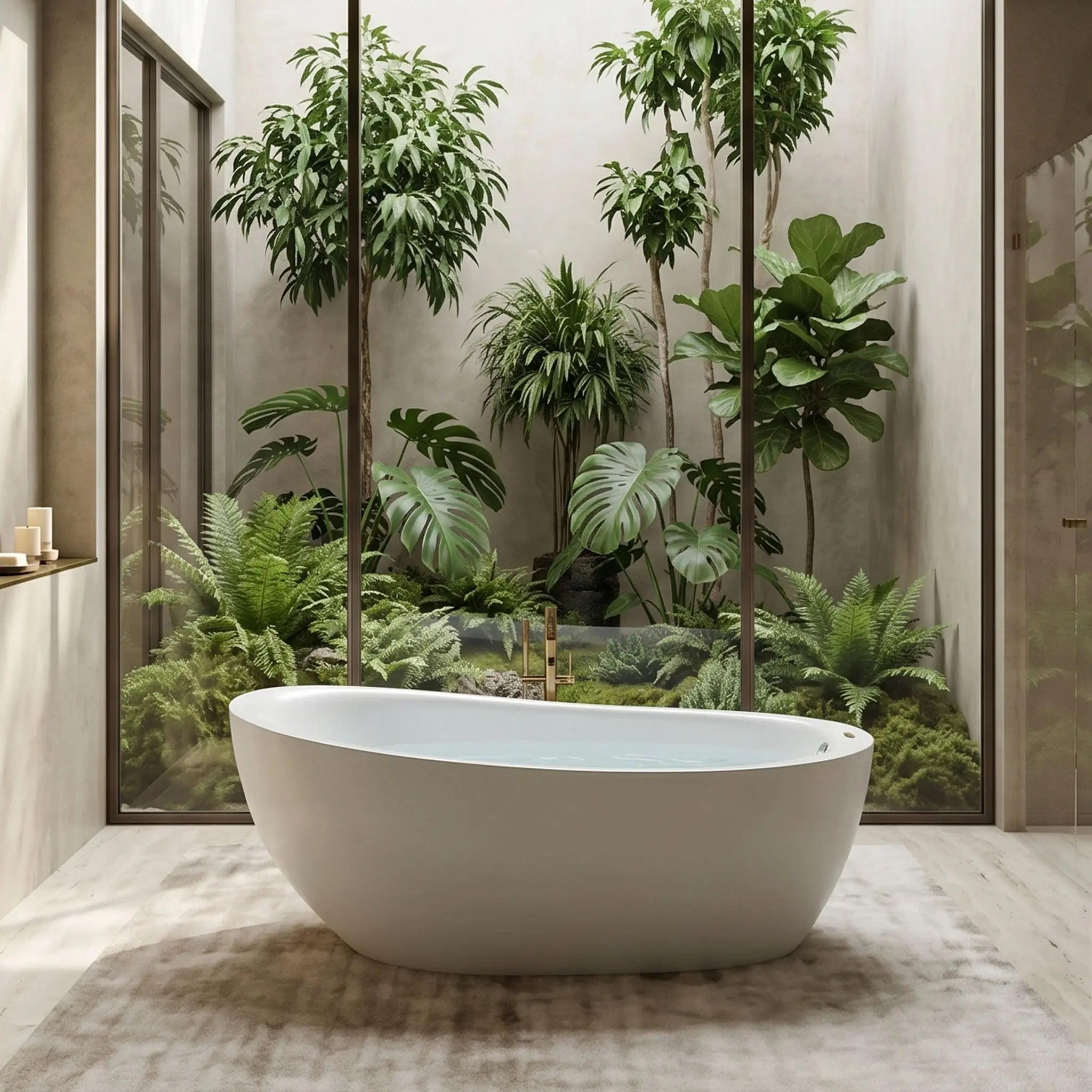 Tina de baño freestanding en color blanco Hidrovasari, en un baño interior lujoso minimalista con plantas y travertino
