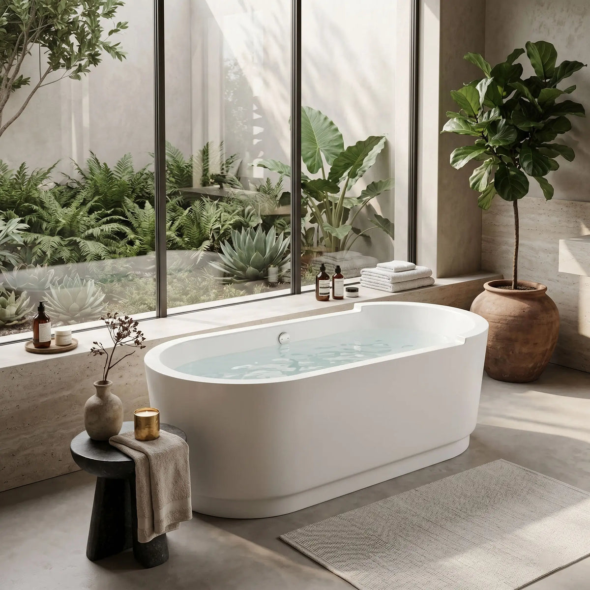 Tina de baño minimalista Hidrovasari en color blanco de instalación independiente. En un baño interior lujoso con plantas y muebles modernos