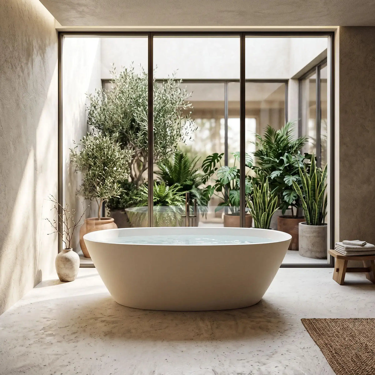 tina de baño blanca con diseño minimalista ovalado, en un baño interior lujoso moderno con travertino y plantas