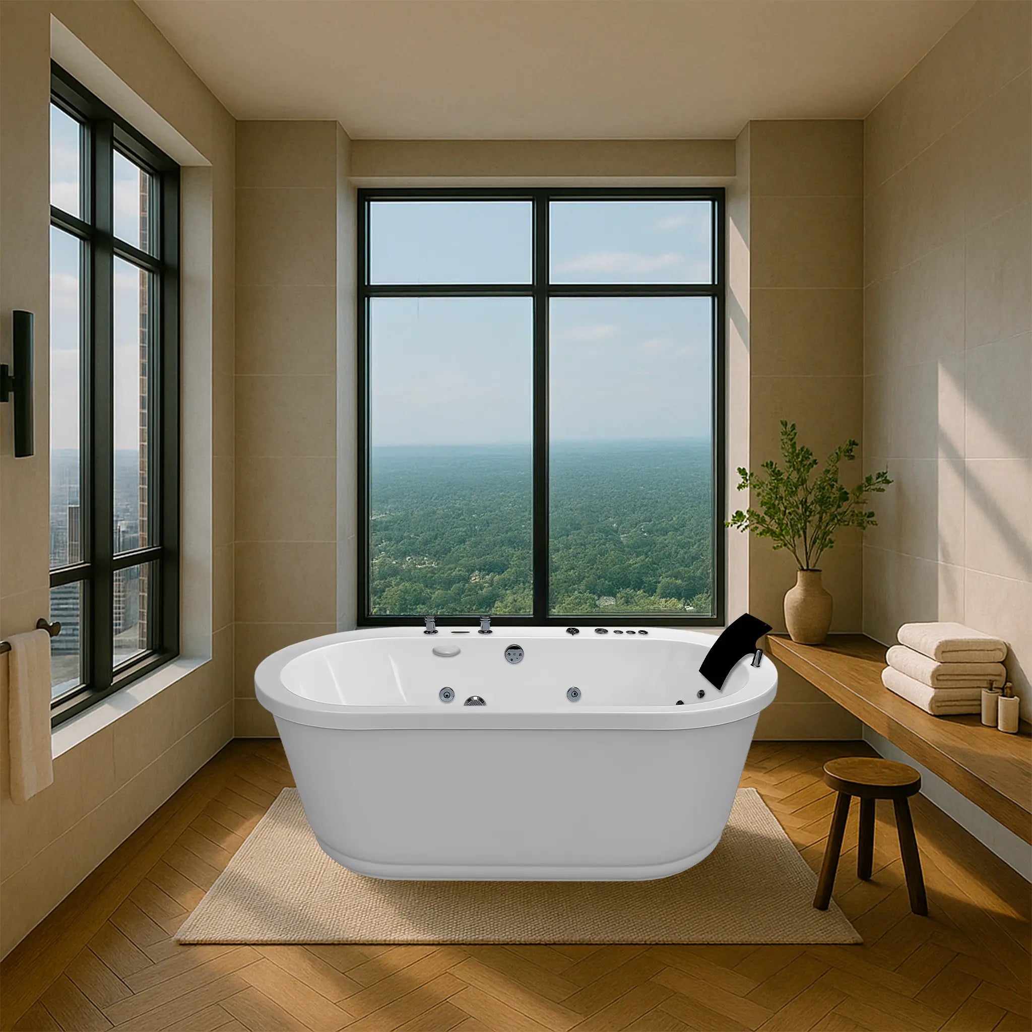 Tina de baño ovalada con hidromasaje blanca para una persona, en un baño interior minimalista y lujoso.