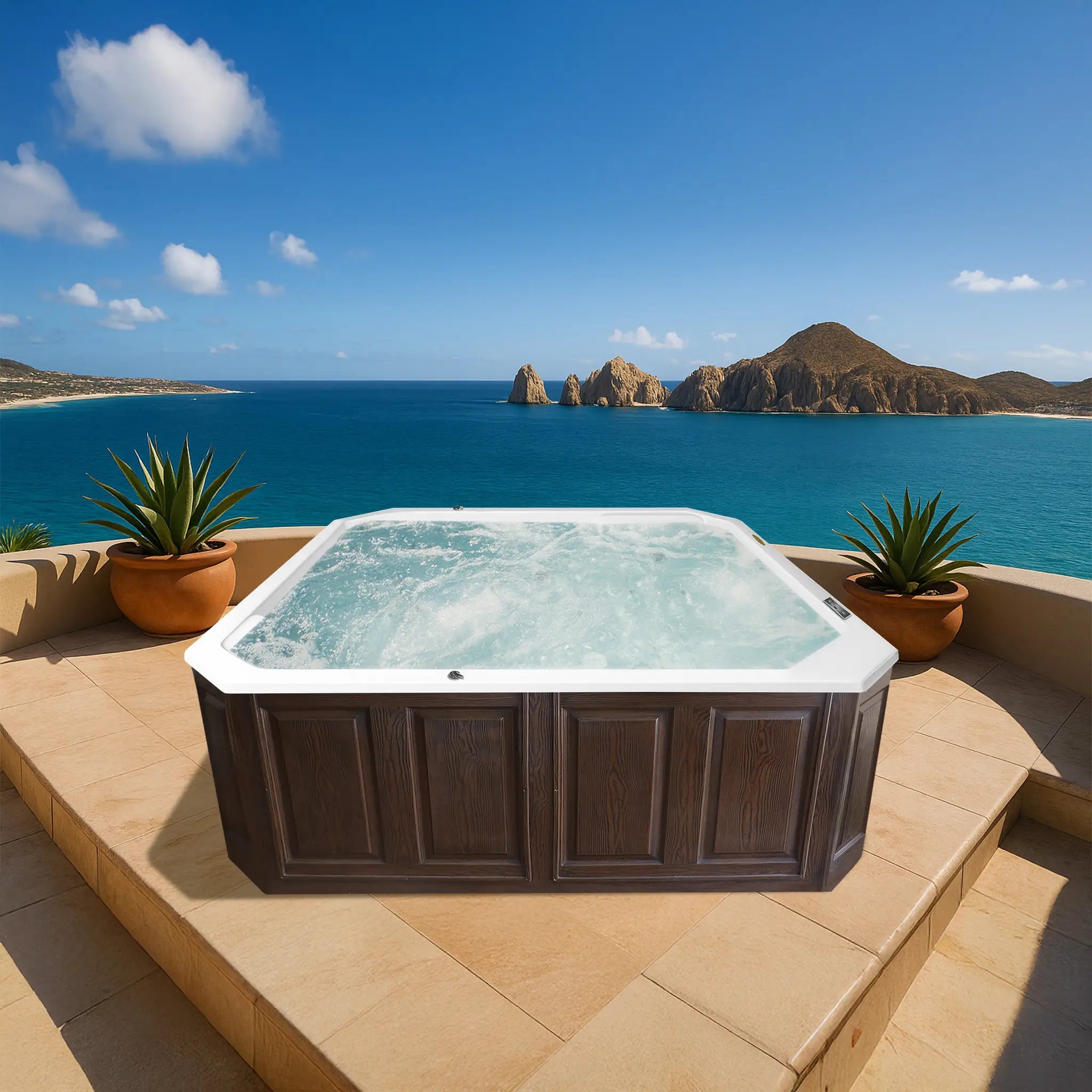 jacuzzi cuadrado blanco con hidromasaje y faldón imitación madera, en una terraza exterior lujosa con vista a la playa