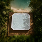 jacuzzi blanco con hidromasaje en terraza exterior en la playa, con luz de sol y plantas
