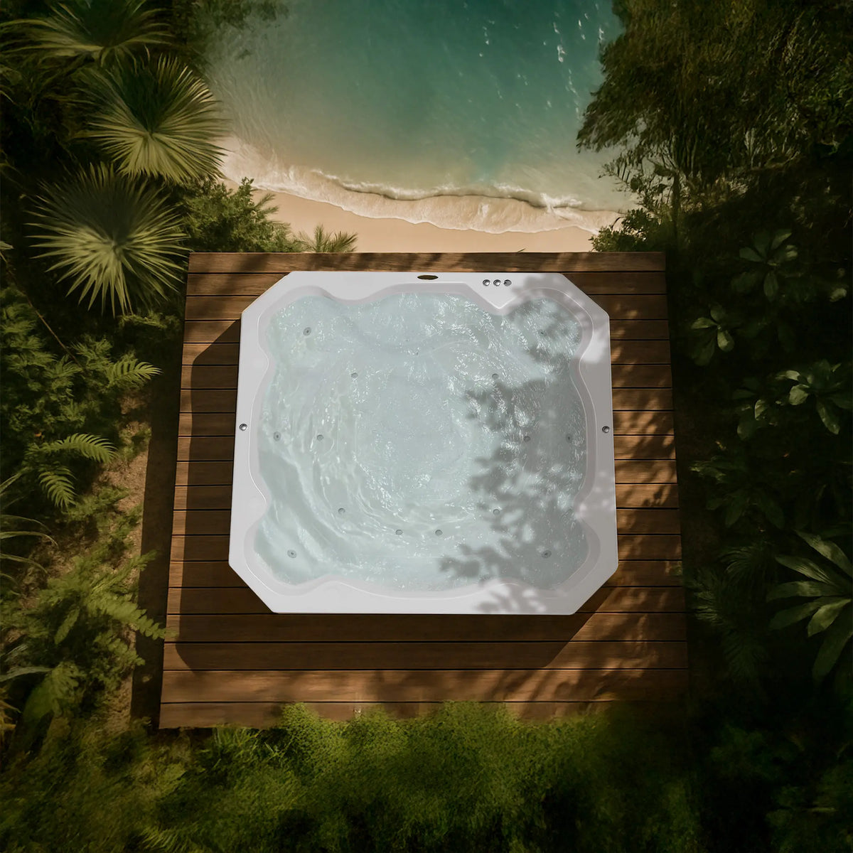 jacuzzi blanco con hidromasaje en terraza exterior en la playa, con luz de sol y plantas