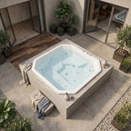 Jacuzzi exterior cuadrado M1029 con hidromasaje para cinco personas en color blanco, en una terraza lujosa con acabados minimalistas y plantas.