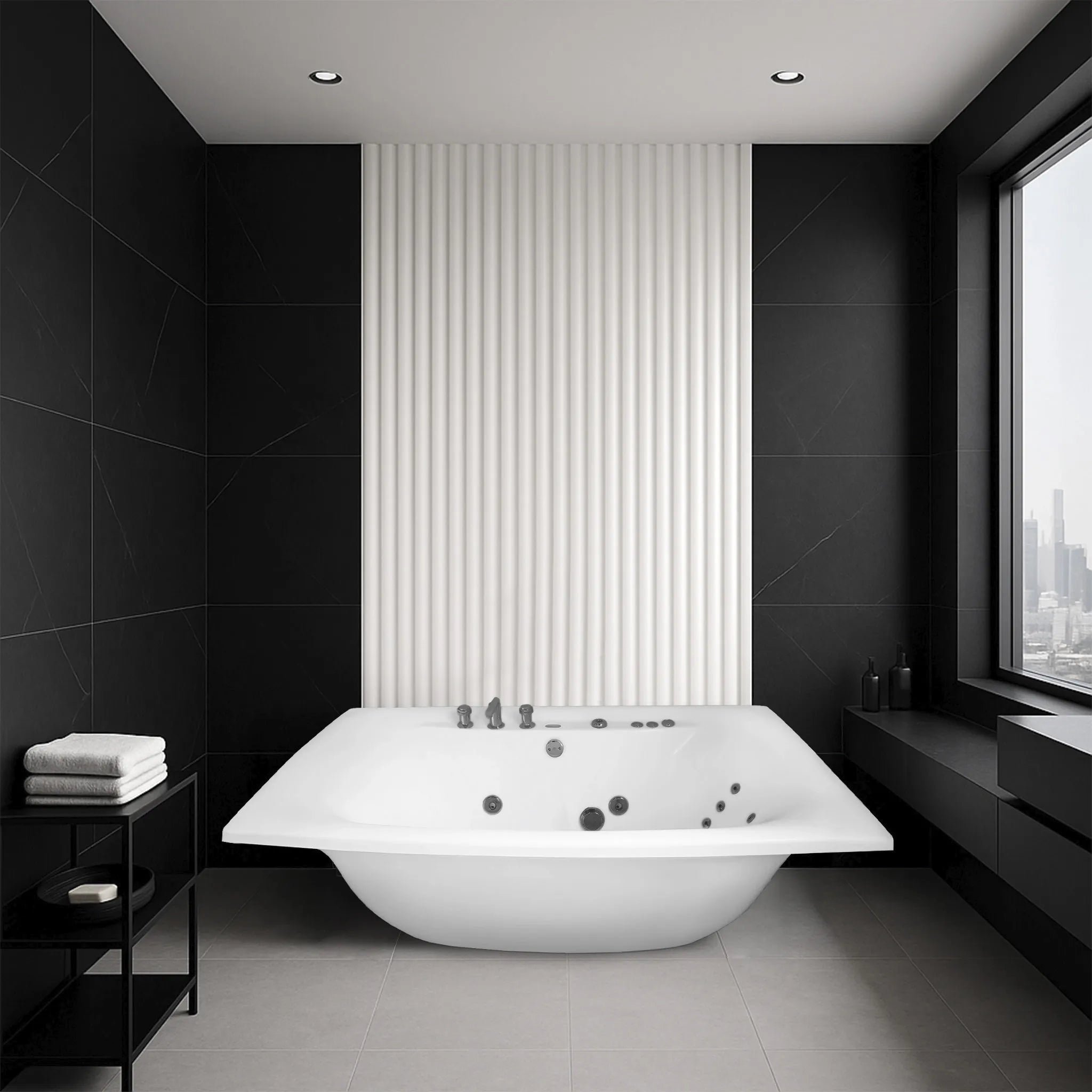 Tina de hidromasaje M1015 instalada en baño contemporáneo negro de estilo minimalista.