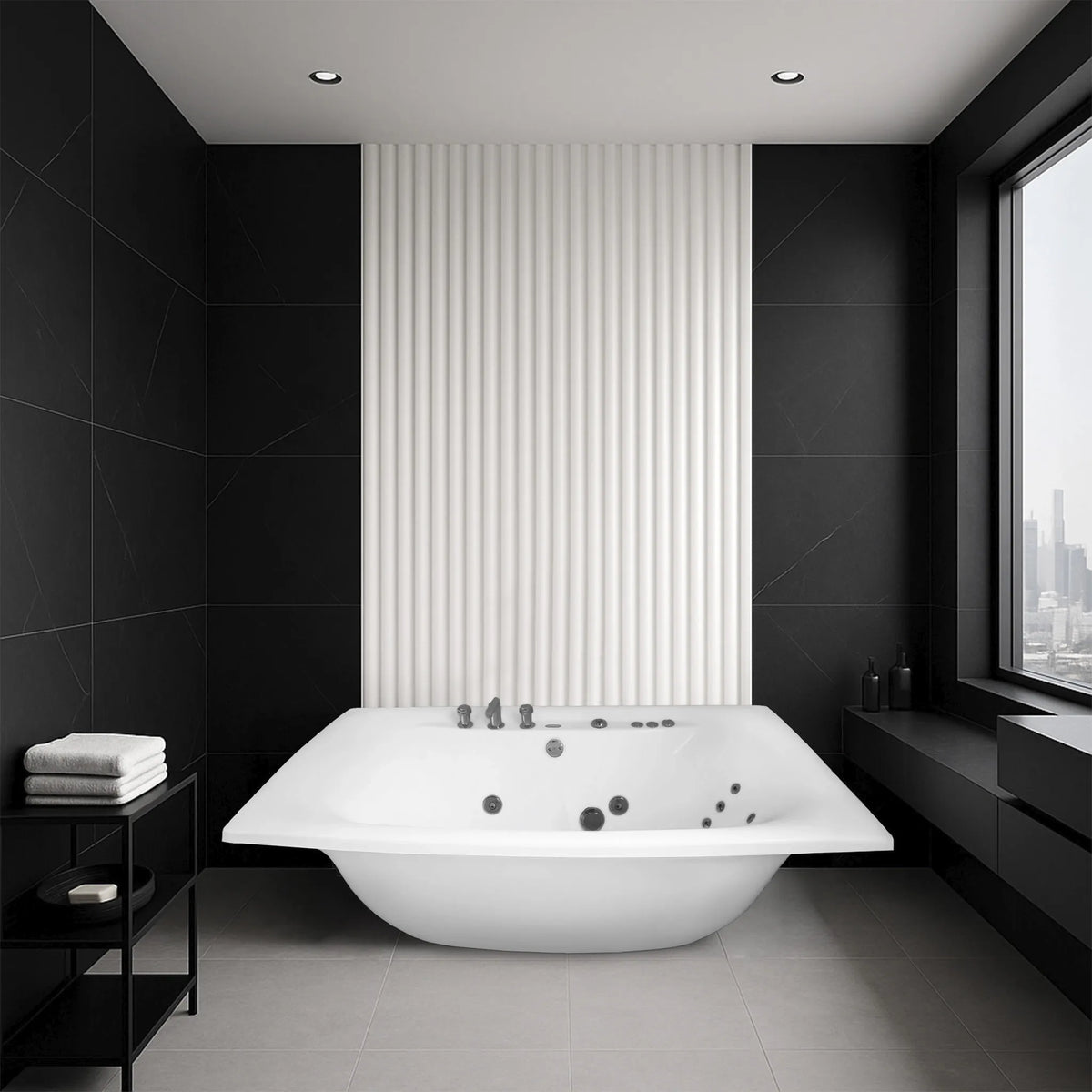 Tina de hidromasaje M1015 instalada en baño contemporáneo negro de estilo minimalista.